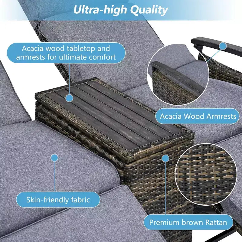 Okak 80-145 Divanetto Reclinabile da Patio con Tavolino Contenitore Incorporato, Schienale Alto e Poggiapiedi Regolabile, Sedia a Sdraio da Esterno per Portico e Giardino