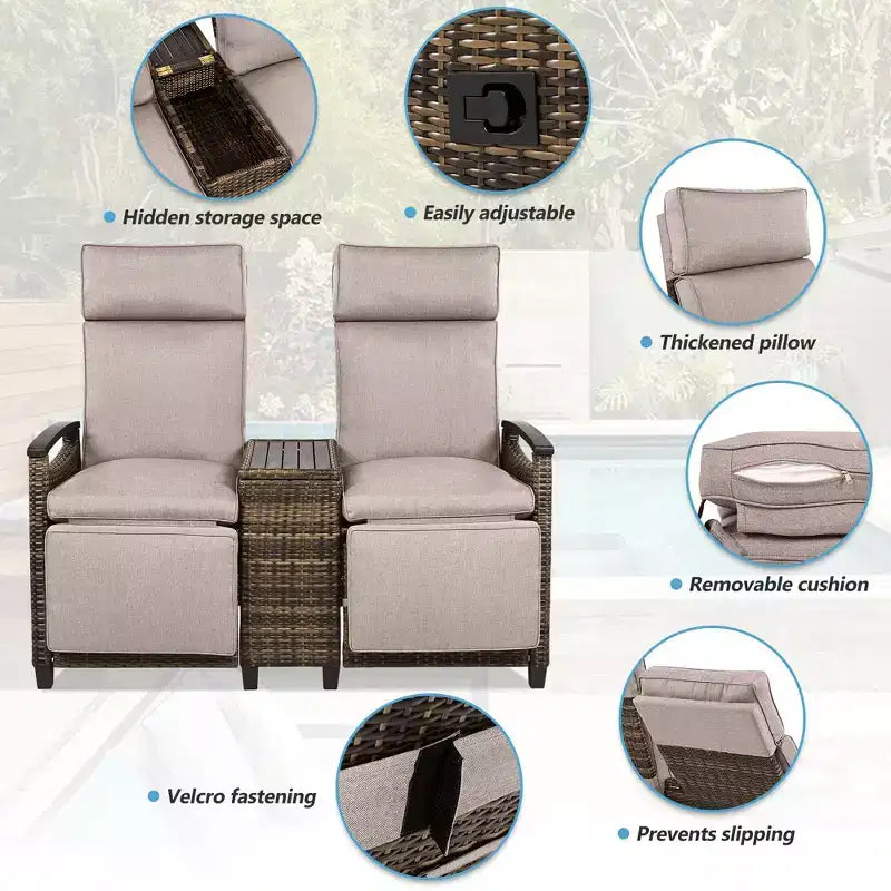 Okak 80-145 Divanetto Reclinabile da Patio con Tavolino Contenitore Incorporato, Schienale Alto e Poggiapiedi Regolabile, Sedia a Sdraio da Esterno per Portico e Giardino