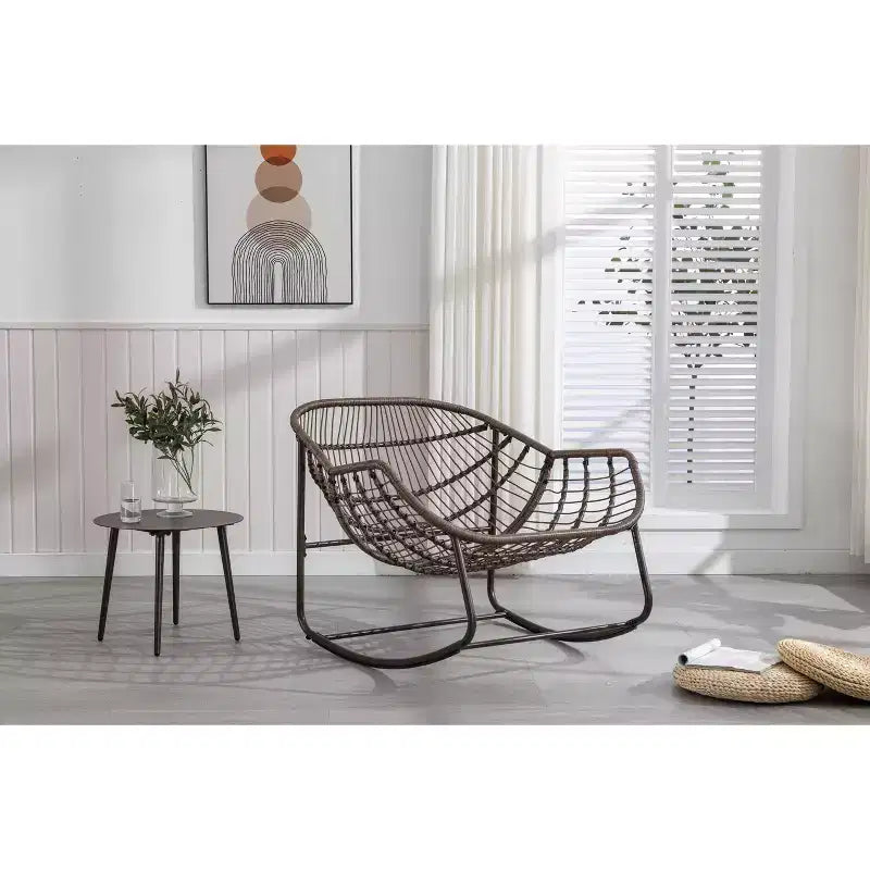 Okak Oversized Outdoor Rattan Rocking Chair Accent Chair with Detachable Cotton Cushion,Patio Recliner Chair Egg Chair for Porch,Backyard