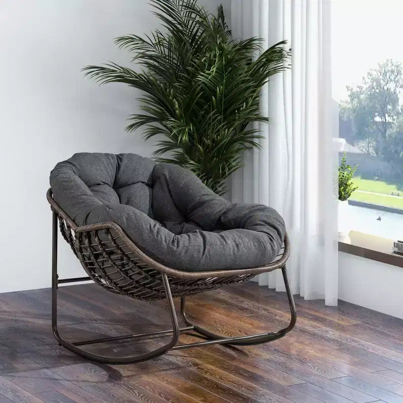 Okak Oversized Outdoor Rattan Rocking Chair Accent Chair with Detachable Cotton Cushion,Patio Recliner Chair Egg Chair for Porch,Backyard