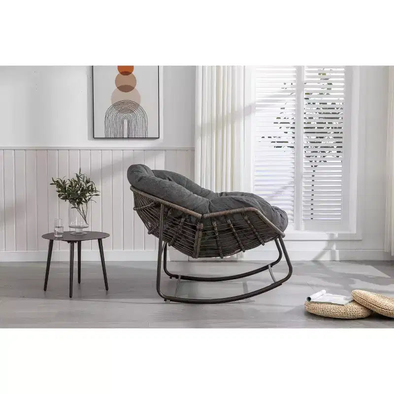Okak Oversized Outdoor Rattan Rocking Chair Accent Chair with Detachable Cotton Cushion,Patio Recliner Chair Egg Chair for Porch,Backyard