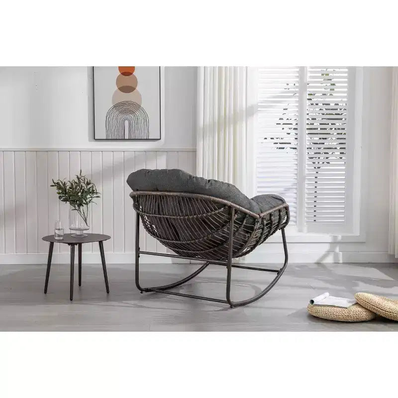 Okak Oversized Outdoor Rattan Rocking Chair Accent Chair with Detachable Cotton Cushion,Patio Recliner Chair Egg Chair for Porch,Backyard