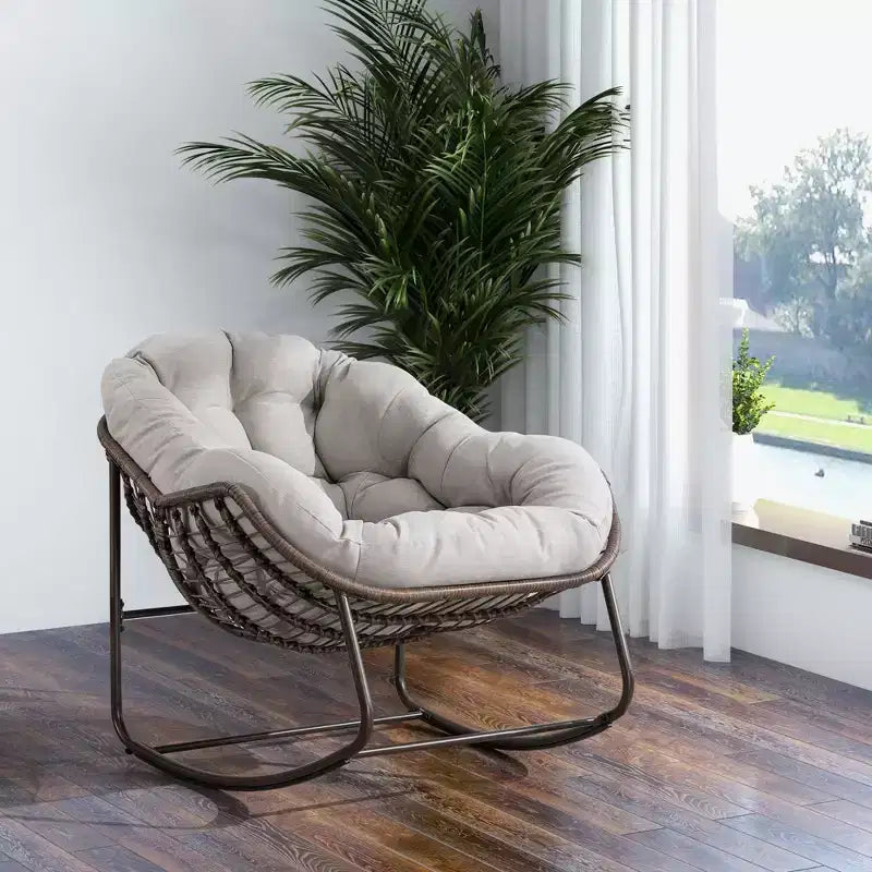 Okak Oversized Outdoor Rattan Rocking Chair Accent Chair with Detachable Cotton Cushion,Patio Recliner Chair Egg Chair for Porch,Backyard