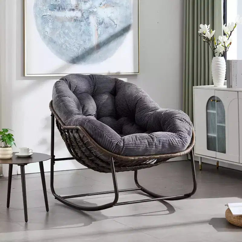 Okak Oversized Outdoor Rattan Rocking Chair Accent Chair with Detachable Cotton Cushion,Patio Recliner Chair Egg Chair for Porch,Backyard