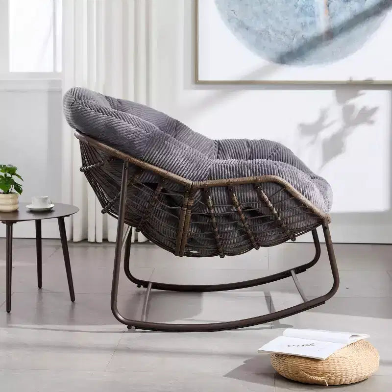 Okak Oversized Outdoor Rattan Rocking Chair Accent Chair with Detachable Cotton Cushion,Patio Recliner Chair Egg Chair for Porch,Backyard