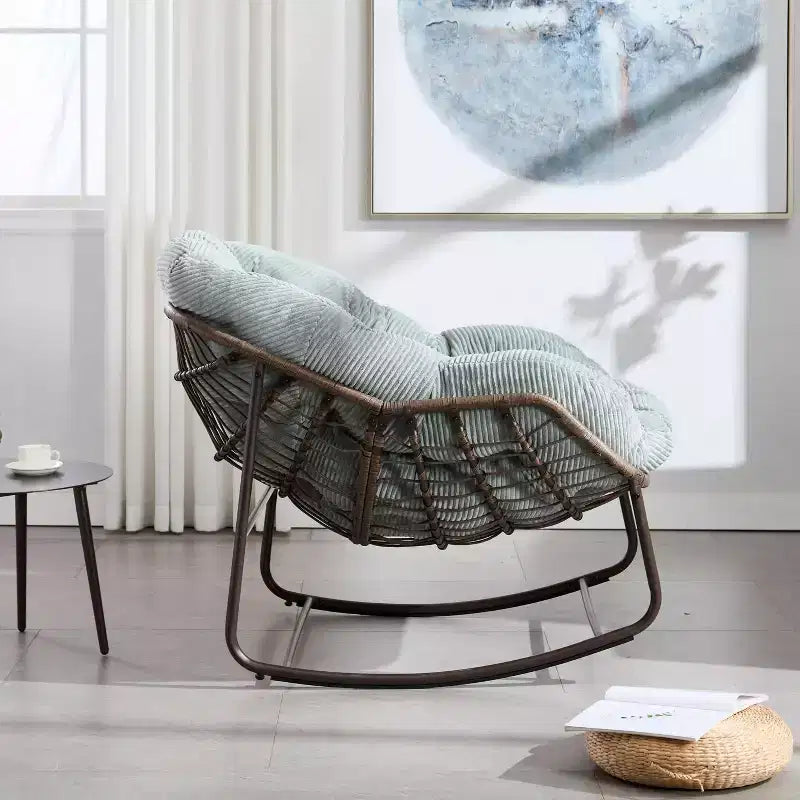 Okak Oversized Outdoor Rattan Rocking Chair Accent Chair with Detachable Cotton Cushion,Patio Recliner Chair Egg Chair for Porch,Backyard