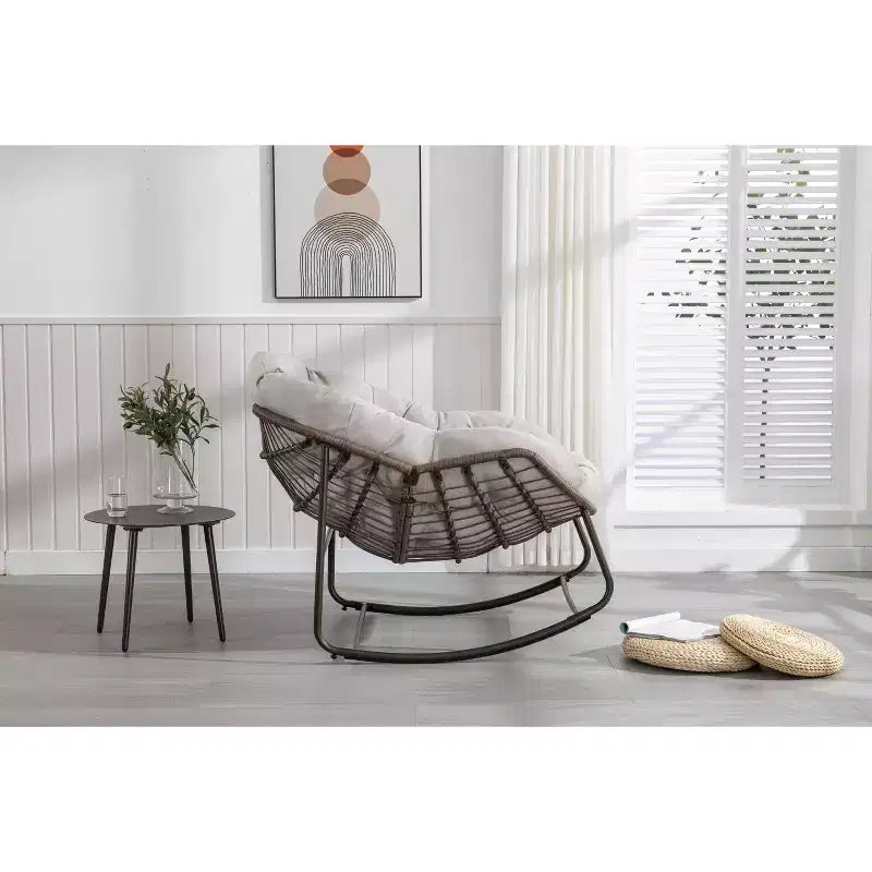 Okak Oversized Outdoor Rattan Rocking Chair Accent Chair with Detachable Cotton Cushion,Patio Recliner Chair Egg Chair for Porch,Backyard