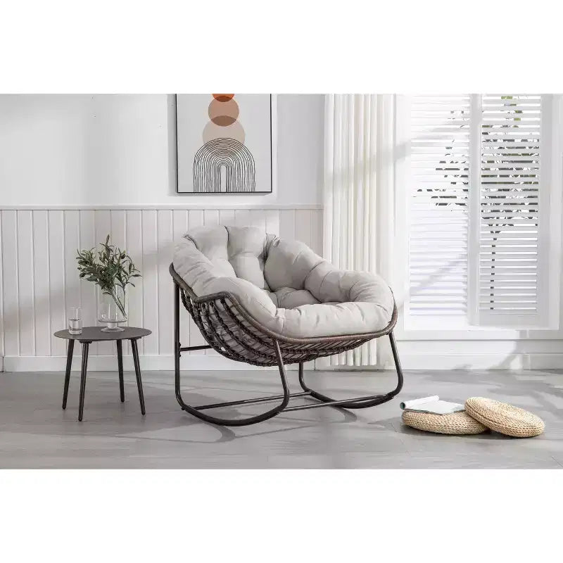 Okak Oversized Outdoor Rattan Rocking Chair Accent Chair with Detachable Cotton Cushion,Patio Recliner Chair Egg Chair for Porch,Backyard