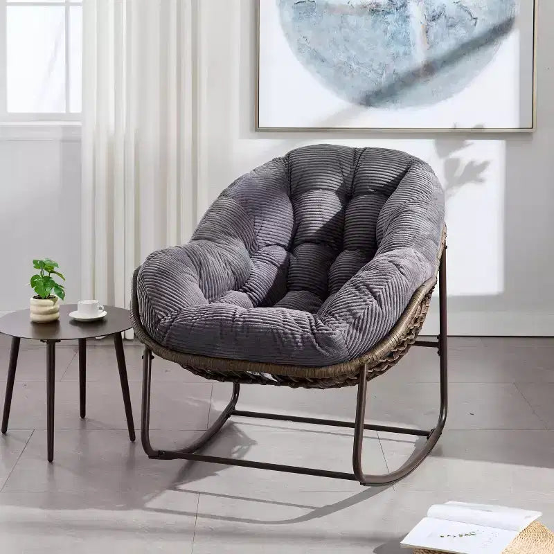 Poltrona a dondolo Okak oversize da esterno in rattan con cuscino in cotone rimovibile, poltrona reclinabile da patio per veranda, giardino