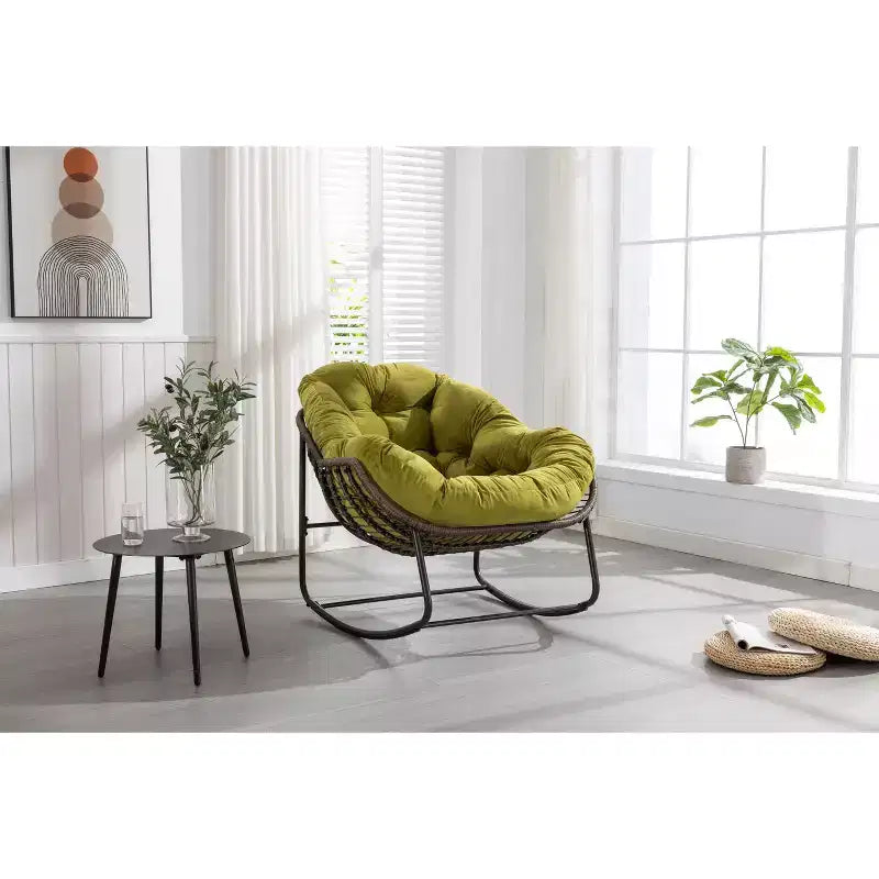 Poltrona a dondolo Okak oversize da esterno in rattan con cuscino in cotone rimovibile, poltrona reclinabile da patio per veranda, giardino