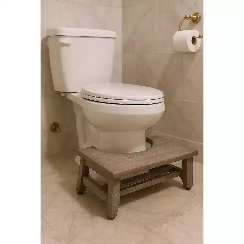 HomeRoots 8 Gray Solid Teak Bathroom Toilet Stool