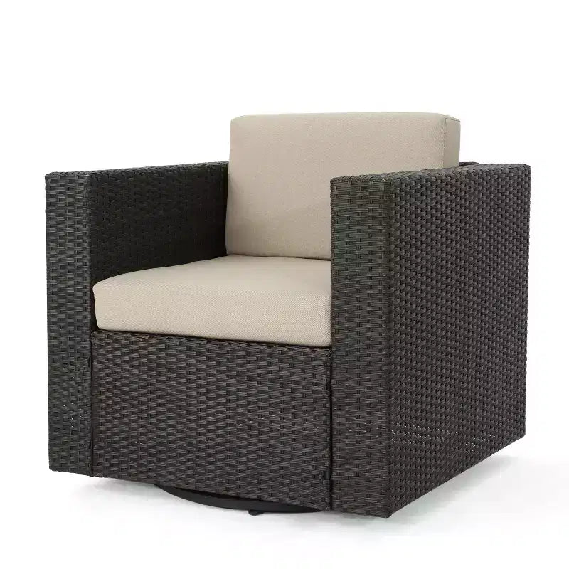 Okak 360 Swivel Patio Accent Chairs,PE Rattan Outdoor Armchairs with Iron Base&Upholstered Back,Patio Furniture Seating,Single,Brown/Beige
