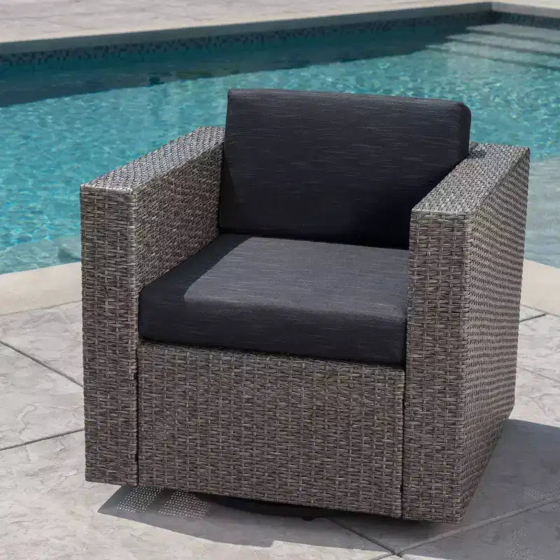 Okak 360 Swivel Patio Accent Chairs,PE Rattan Outdoor Armchairs with Iron Base&Upholstered Back,Patio Furniture Seating,Single,Brown/Beige