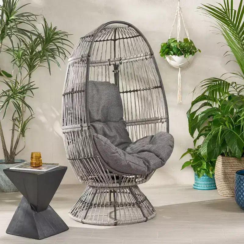 Okak Modern PE Wicker Patio Egg Chair Rattan Accent Chairs with Comfy Upholstery Outdoor&Indoor,Chic Accent Chair for Porch,Backyard&Garden,Gray