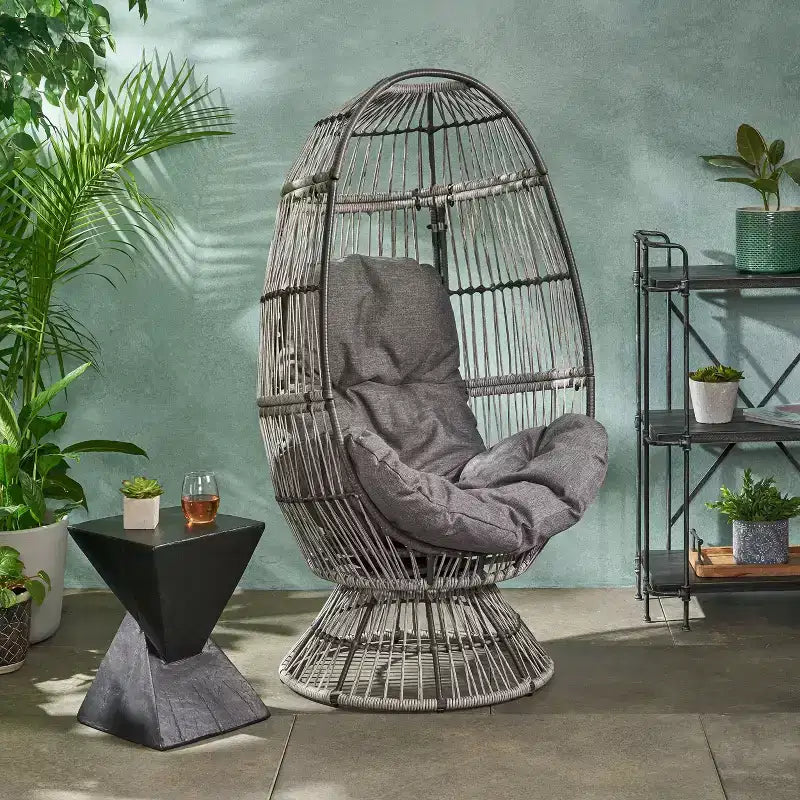 Okak Modern PE Wicker Patio Egg Chair Rattan Accent Chairs with Comfy Upholstery Outdoor&Indoor,Chic Accent Chair for Porch,Backyard&Garden,Gray