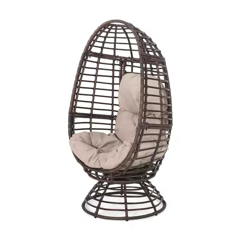 Okak Poltrona a uovo moderna in vimini PE, sedie in rattan con imbottitura confortevole per esterni e interni, sedia d'accento elegante per portico, cortile e giardino, marrone