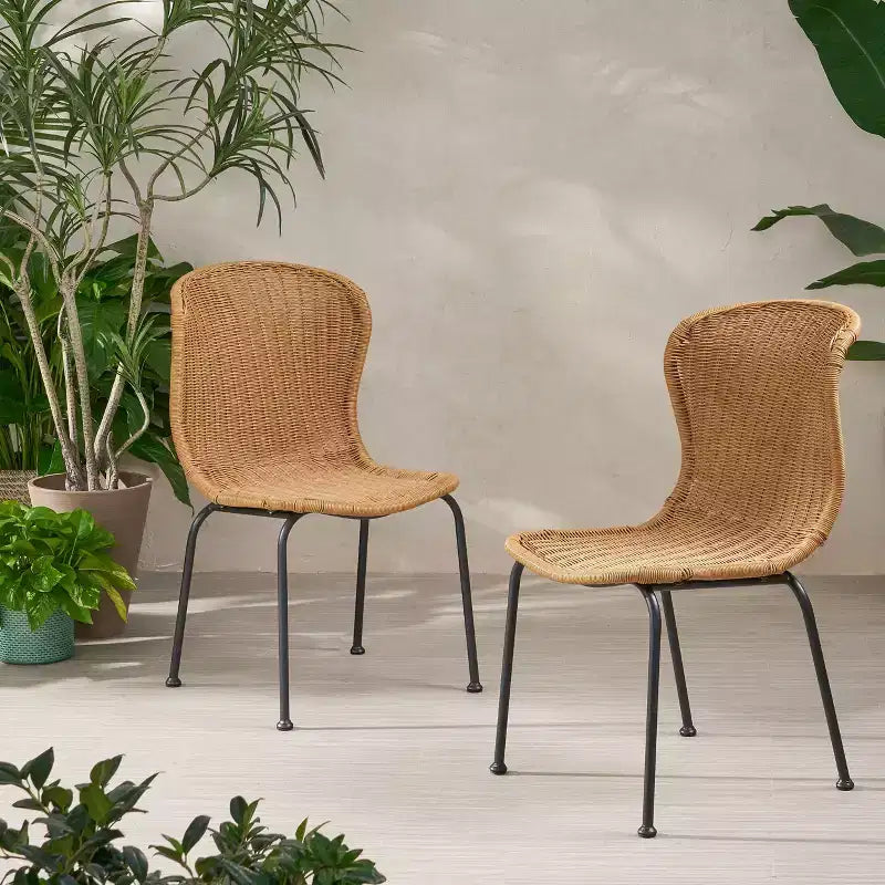 Okak Boho Wicker Rattan Patio Accent Chairs,Set of 2,Outdoor Dining Chairs with Sleek Legs&Foot Pads,Patio Furniture Seating,Natural/Black