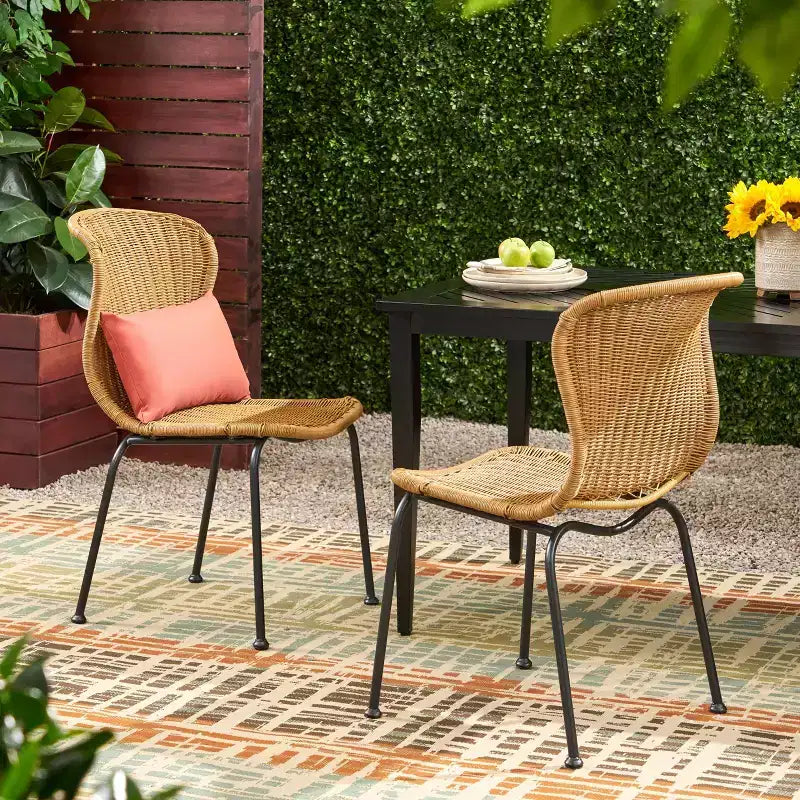 Okak Boho Wicker Rattan Patio Accent Chairs,Set of 2,Outdoor Dining Chairs with Sleek Legs&Foot Pads,Patio Furniture Seating,Natural/Black
