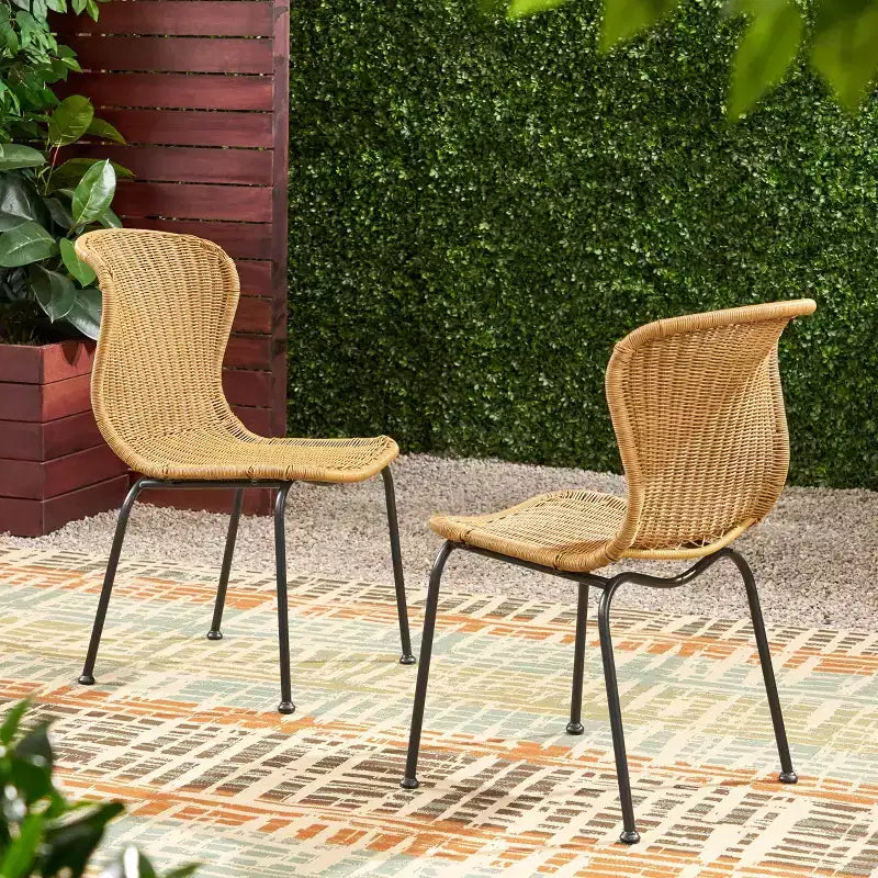 Okak Boho Wicker Rattan Patio Accent Chairs,Set of 2,Outdoor Dining Chairs with Sleek Legs&Foot Pads,Patio Furniture Seating,Natural/Black