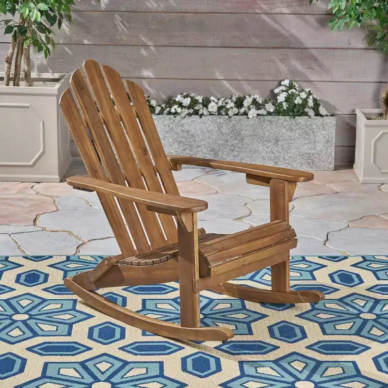 Okak Rustic Adirondack Rocking Chair Premium Acacia Accent Chairs with Cup Holder,1 Pc,Outdoor Lazy Chair for Porch,Backyard&Garden,Brown