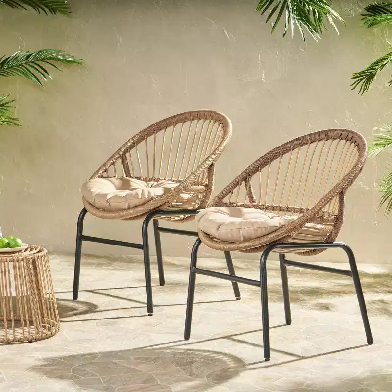 Okak 17 Sleek Wicker Rattan Patio Accent Chairs with Curved Back,Set of 2,Ergonomics Outdoor Leisure Chair for Porch,Garden&Backyard,400lbs Max