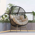 Okak Modern Faux Wicker Patio Egg Chair Rattan Accent Chairs with Whole Upholstery&Armrest,Chic Accent Chair for Porch,Backyard&Garden,Black/Khaki