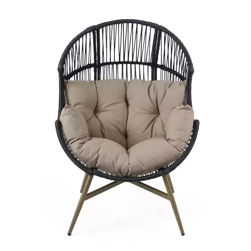 Sedia a uovo Okak Modern Faux Wicker Patio, poltrone Rattan con tappezzeria completa e braccioli, elegante poltrona per portico, cortile e giardino, nero/kaki