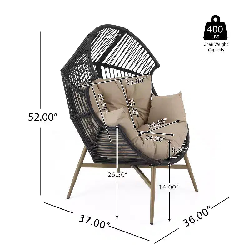 Sedia a uovo Okak Modern Faux Wicker Patio, poltrone Rattan con tappezzeria completa e braccioli, elegante poltrona per portico, cortile e giardino, nero/kaki