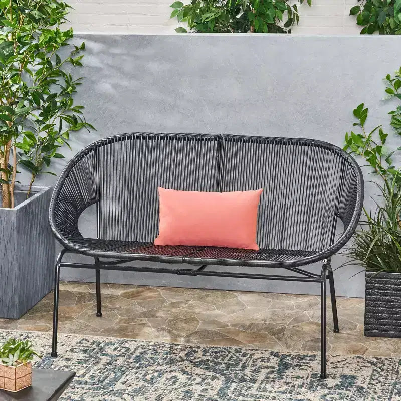 Divanetto da patio Okak Industrial in rattan PP con struttura in ferro a 2 posti, sedia accent, moderna sedia da salotto per esterni per portico, cortile e giardino, sedute per mobili da patio
