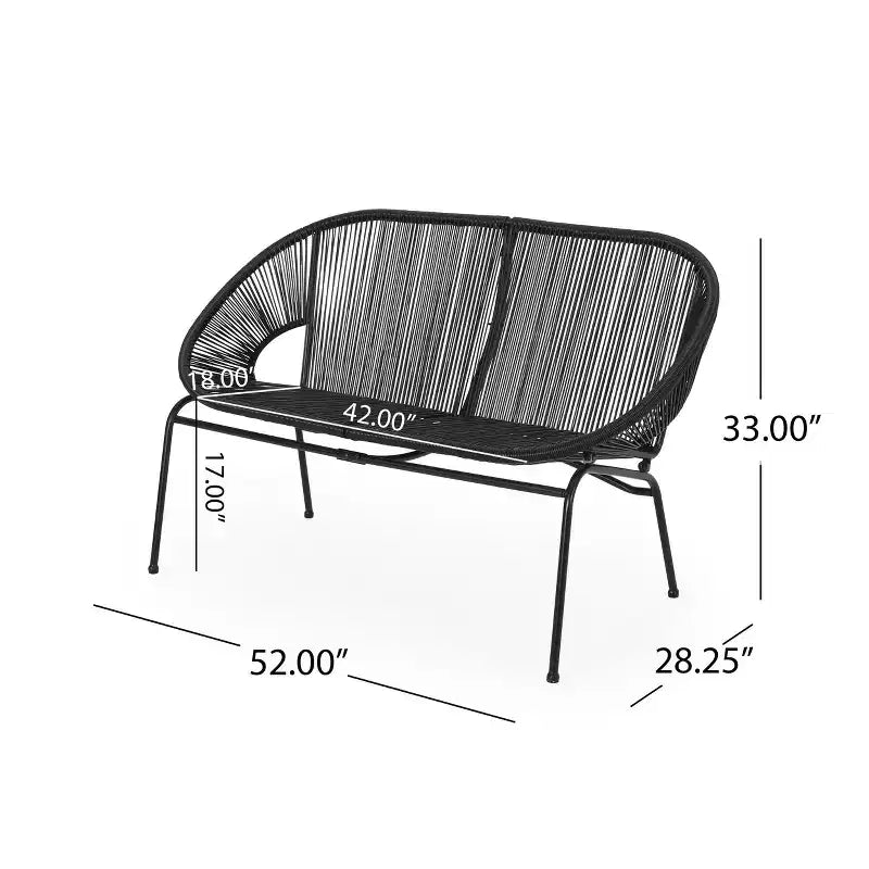 Divanetto da patio Okak Industrial in rattan PP con struttura in ferro a 2 posti, sedia accent, moderna sedia da salotto per esterni per portico, cortile e giardino, sedute per mobili da patio