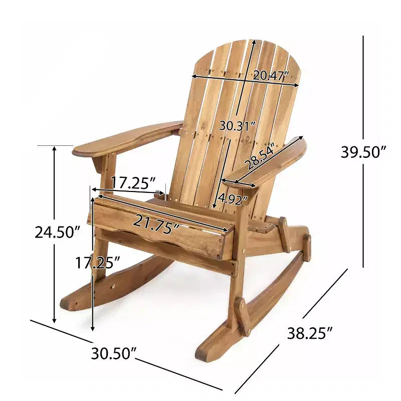 Okak Sedia a dondolo rustica Adirondack in acacia di alta qualità, 1 pezzo, sedia pigra da esterno per portico, cortile e giardino, naturale