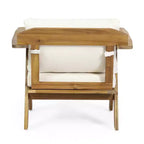 Sedie a pozzetto da esterno Okak Rusitc in legno di acacia con accenti imbottiti, set da 2, sedia da esterno in finitura teak in stile boho, sedute per mobili da esterno