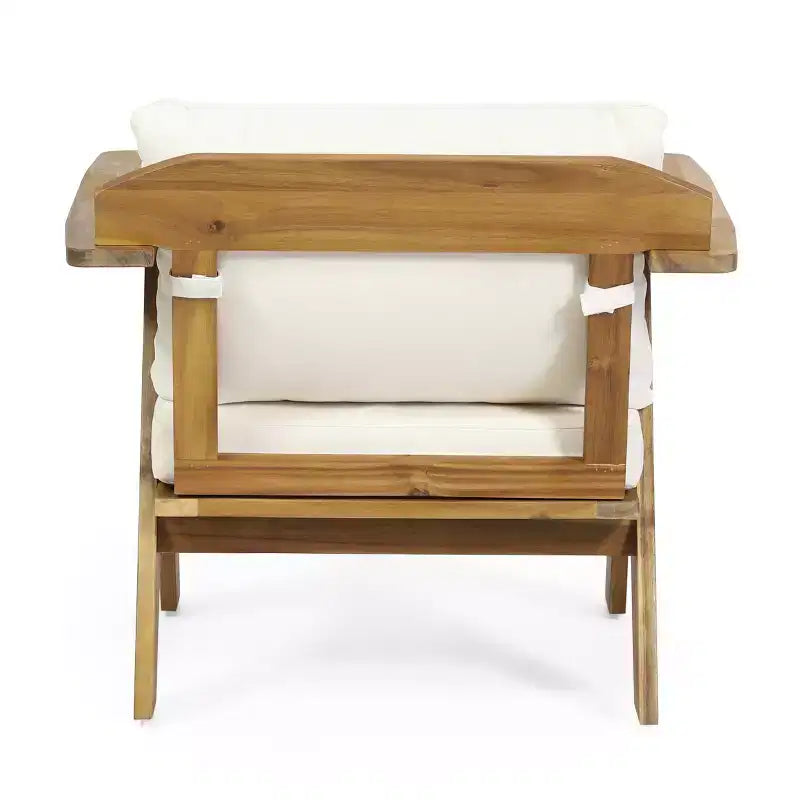 Sedie a pozzetto da esterno Okak Rusitc in legno di acacia con accenti imbottiti, set da 2, sedia da esterno in finitura teak in stile boho, sedute per mobili da esterno