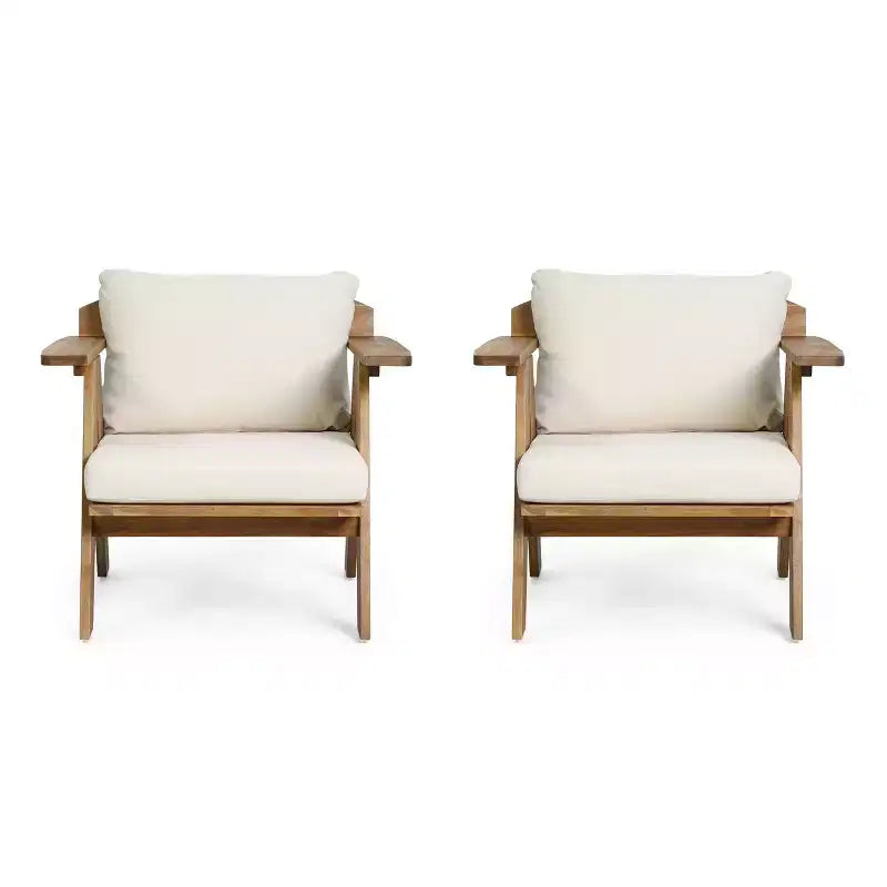 Sedie a pozzetto da esterno Okak Rusitc in legno di acacia con accenti imbottiti, set da 2, sedia da esterno in finitura teak in stile boho, sedute per mobili da esterno