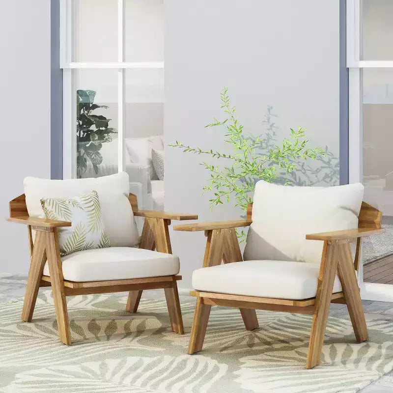 Sedie a pozzetto da esterno Okak Rusitc in legno di acacia con accenti imbottiti, set da 2, sedia da esterno in finitura teak in stile boho, sedute per mobili da esterno
