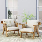 Sedie a pozzetto da esterno Okak Rusitc in legno di acacia con accenti imbottiti, set da 2, sedia da esterno in finitura teak in stile boho, sedute per mobili da esterno