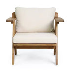 Sedie a pozzetto da esterno Okak Rusitc in legno di acacia con accenti imbottiti, set da 2, sedia da esterno in finitura teak in stile boho, sedute per mobili da esterno