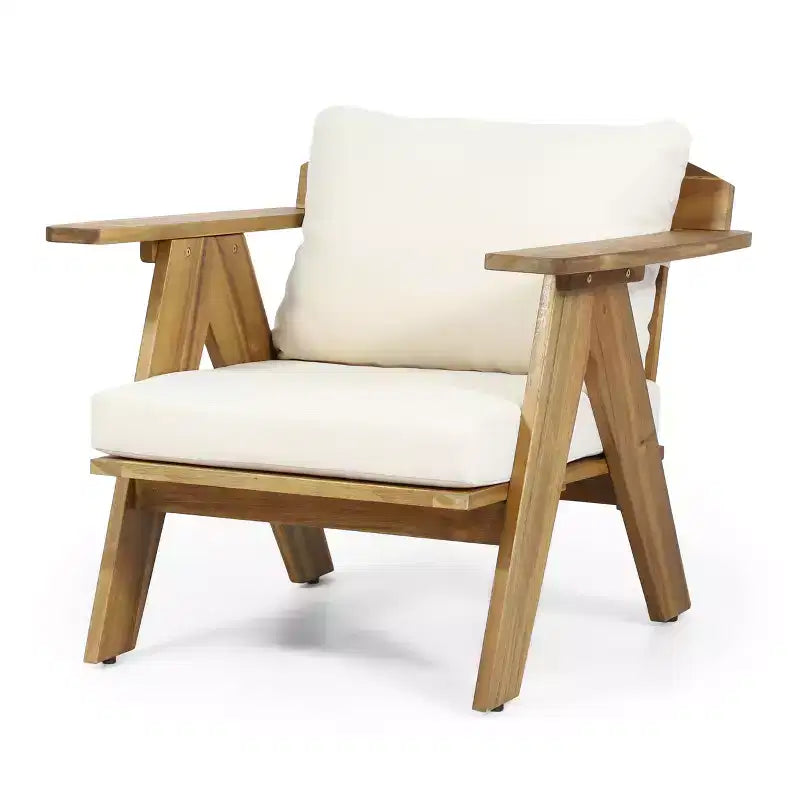 Sedie a pozzetto da esterno Okak Rusitc in legno di acacia con accenti imbottiti, set da 2, sedia da esterno in finitura teak in stile boho, sedute per mobili da esterno