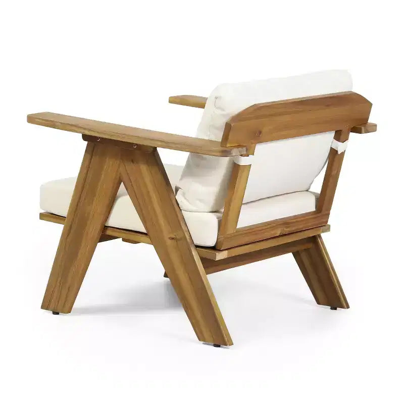 Sedie a pozzetto da esterno Okak Rusitc in legno di acacia con accenti imbottiti, set da 2, sedia da esterno in finitura teak in stile boho, sedute per mobili da esterno
