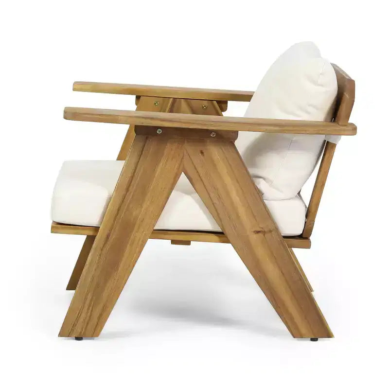 Sedie a pozzetto da esterno Okak Rusitc in legno di acacia con accenti imbottiti, set da 2, sedia da esterno in finitura teak in stile boho, sedute per mobili da esterno