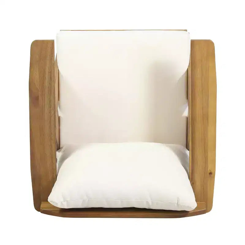 Sedie a pozzetto da esterno Okak Rusitc in legno di acacia con accenti imbottiti, set da 2, sedia da esterno in finitura teak in stile boho, sedute per mobili da esterno