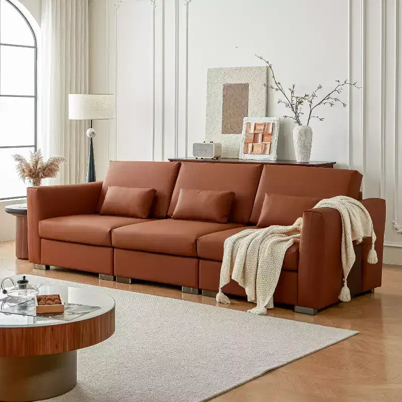 Divano componibile in pelle Mid Century Modern ATJafurn, divano in vera pelle arancione con gambe in metallo 2 cuscini seduta profonda per soggiorno