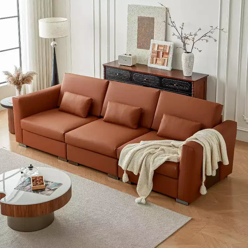 Divano componibile in pelle Mid Century Modern ATJafurn, divano in vera pelle arancione con gambe in metallo 2 cuscini seduta profonda per soggiorno