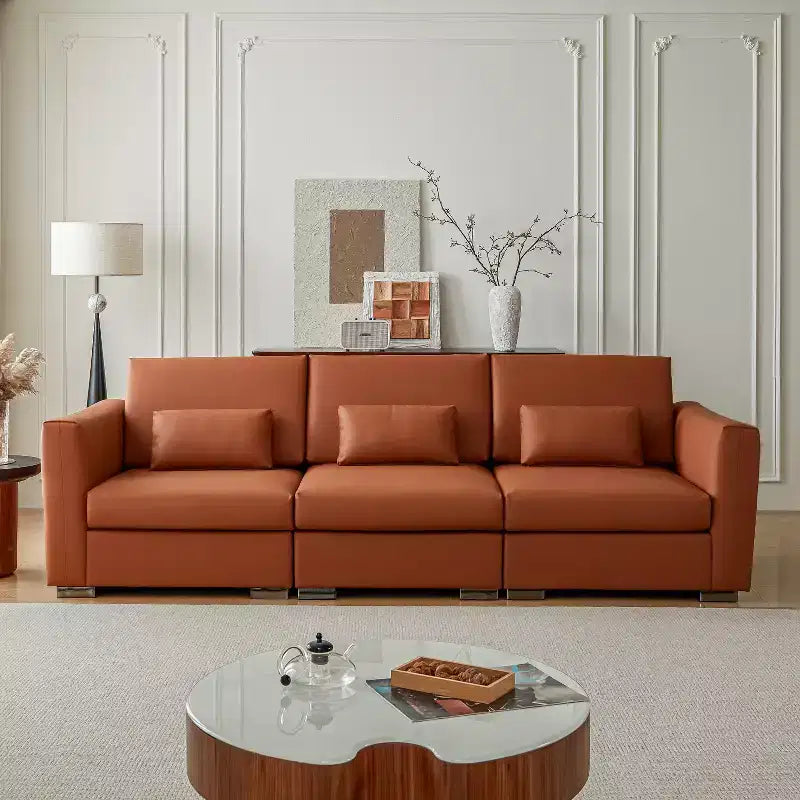 Divano componibile in pelle Mid Century Modern ATJafurn, divano in vera pelle arancione con gambe in metallo 2 cuscini seduta profonda per soggiorno