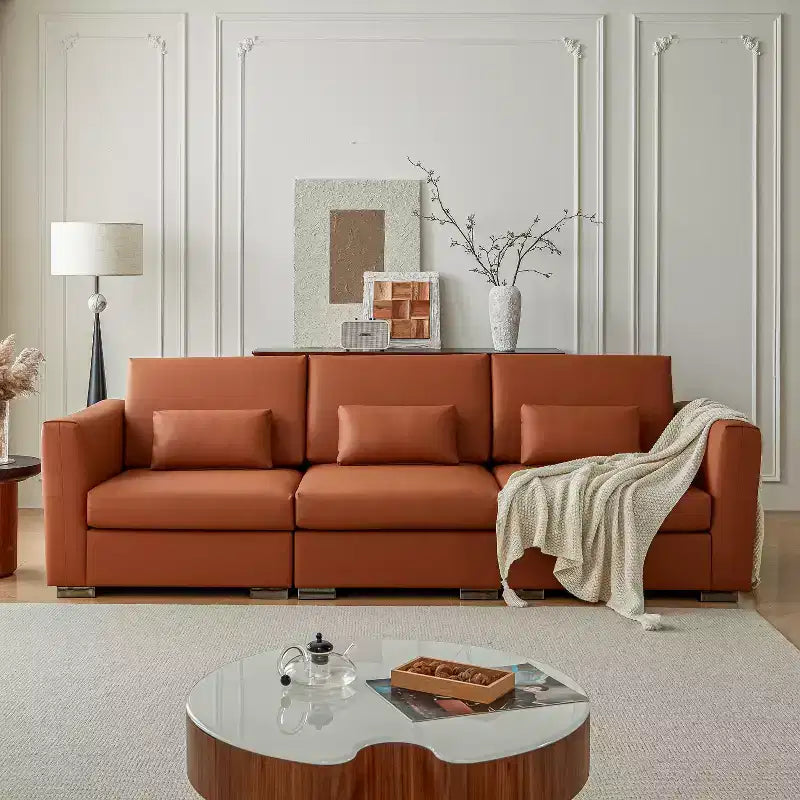 Divano componibile in pelle Mid Century Modern ATJafurn, divano in vera pelle arancione con gambe in metallo 2 cuscini seduta profonda per soggiorno