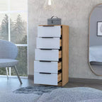 Cassettiera verticale moderna a 5 cassetti Okak, comò in legno alto per soggiorno, ingresso