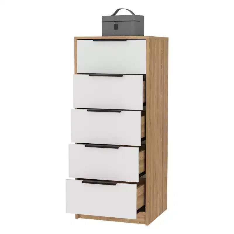 Cassettiera verticale moderna a 5 cassetti Okak, comò in legno alto per soggiorno, ingresso