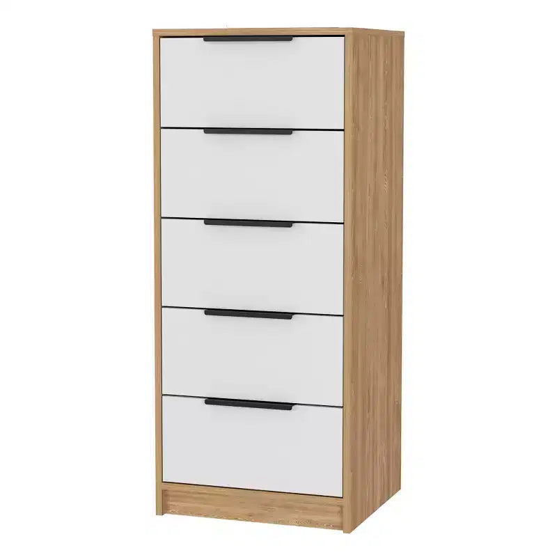 Cassettiera verticale moderna a 5 cassetti Okak, comò in legno alto per soggiorno, ingresso