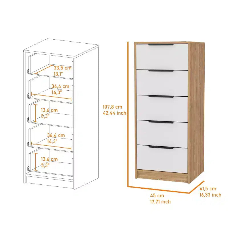 Cassettiera verticale moderna a 5 cassetti Okak, comò in legno alto per soggiorno, ingresso