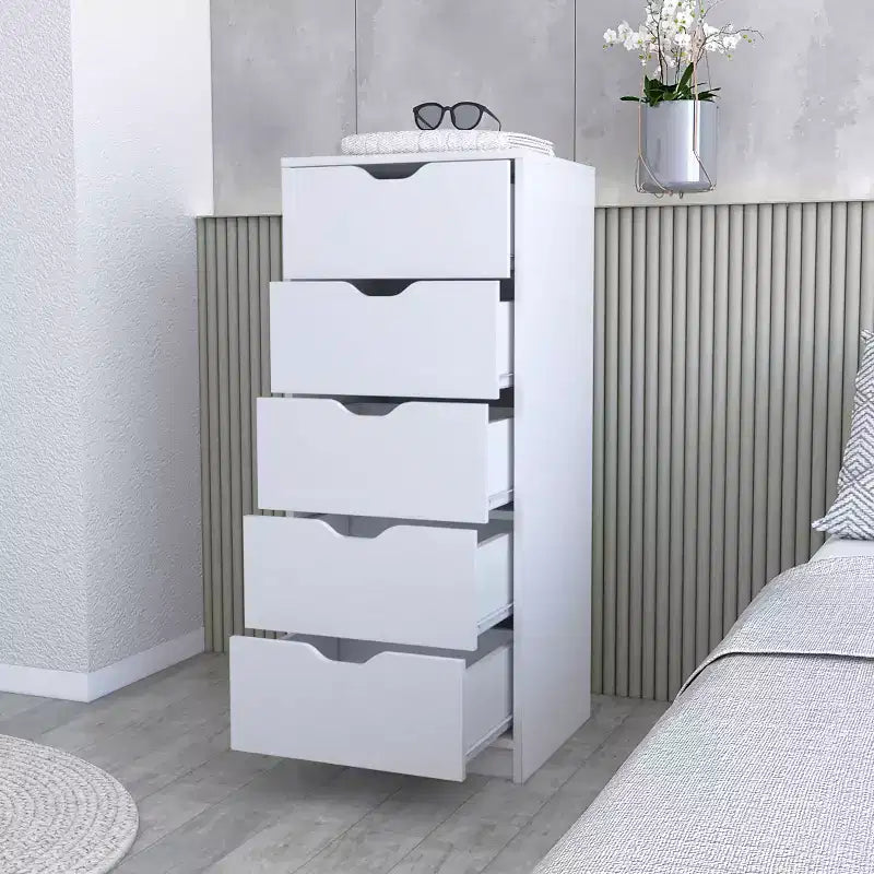 Cassettiera verticale moderna a 5 cassetti Okak, comò in legno alto per soggiorno, ingresso